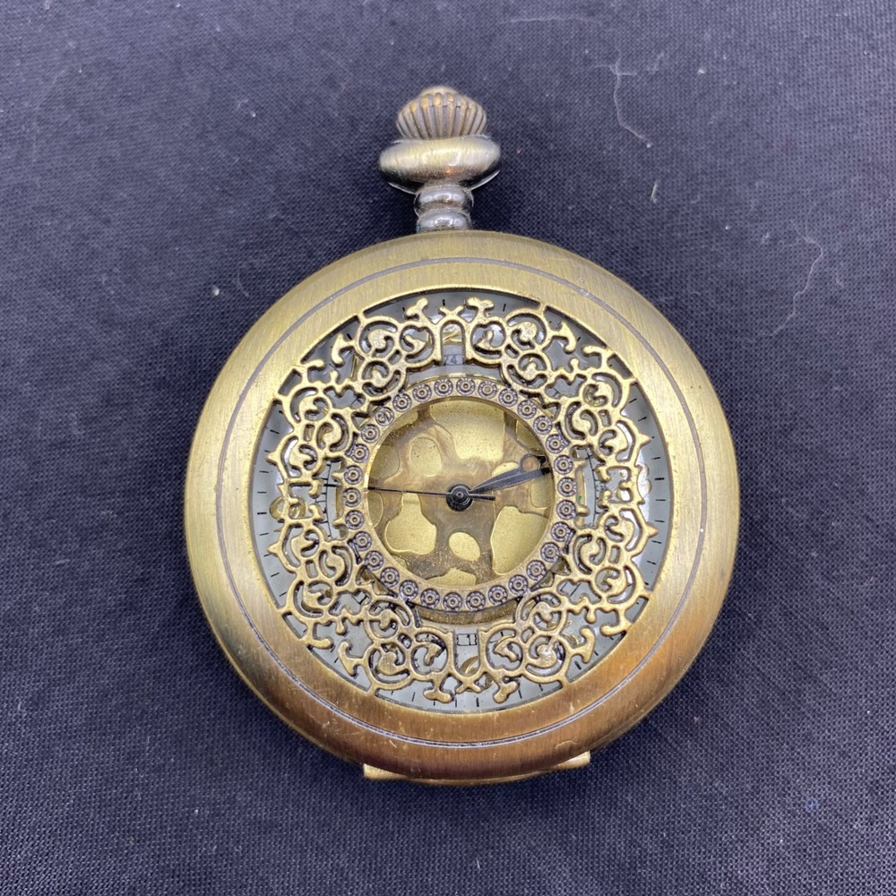 Pocket Watch Brass Filigree Skeleton Steampunk Engraved Victorian Goth Untested